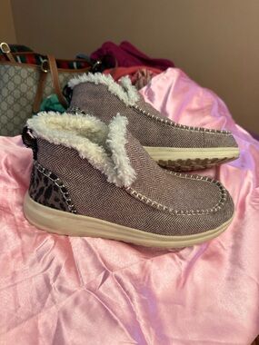 Hey Dude Herringbone Slip-On Booties in tan with Leopard Accent